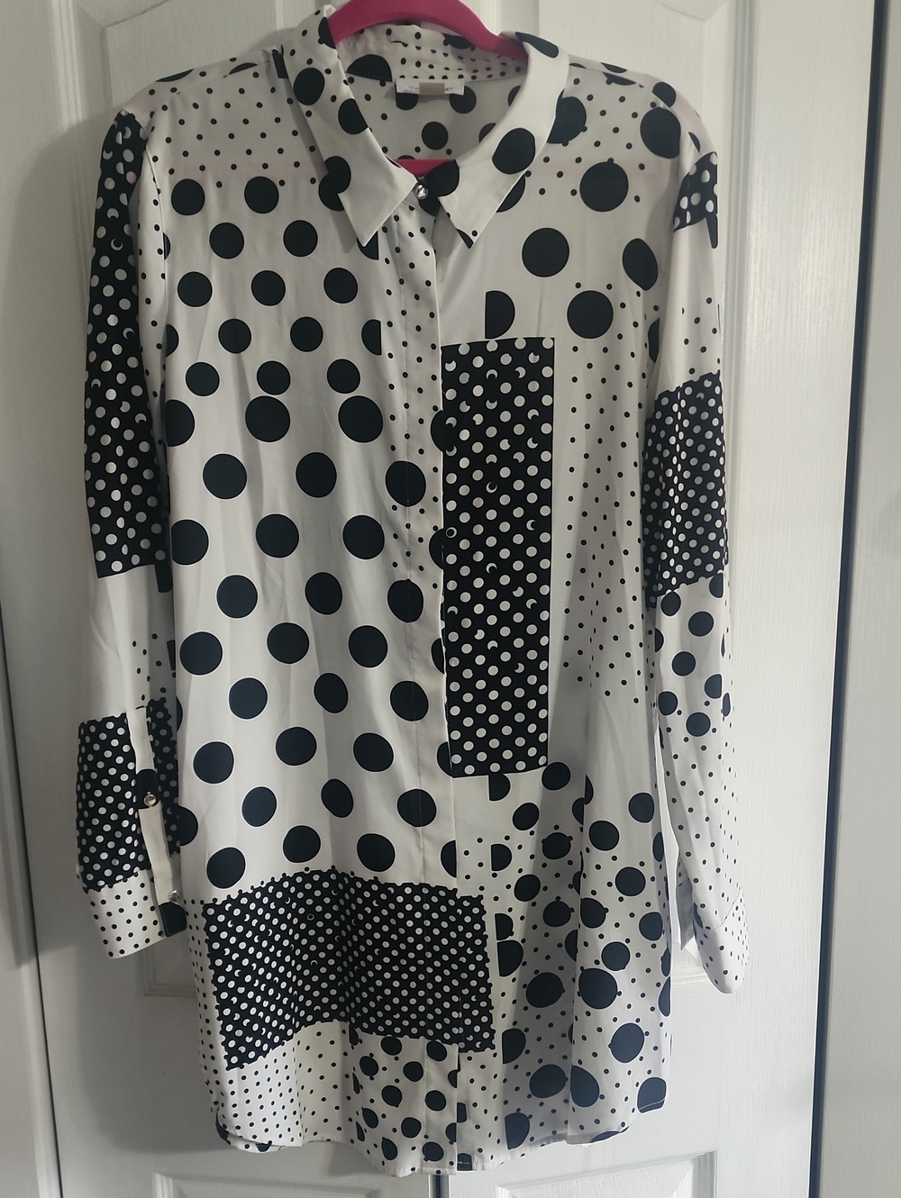 Calvin Klein Black and White Polka Dot Patchwork Button-Down Blouse
